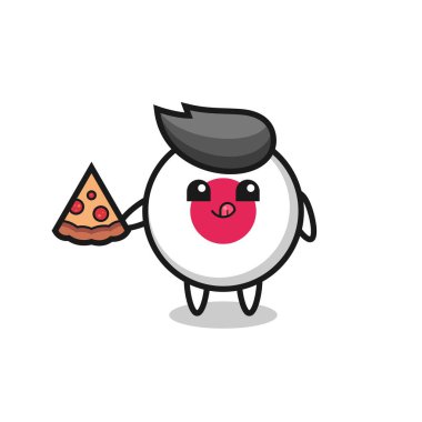 Sevimli Japon bayrağı karikatürü pizza yiyor, tişört, çıkartma, logo elementi için şirin bir tasarım.