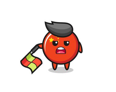 Çin bayrağı karakteri çizgi hakemi olarak bayrağı 45 derecelik açıyla tutun, tişört, çıkartma, logo elementi için şirin bir tasarım yapın.