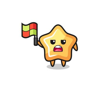 Çizgi hakemi olarak yıldız karakter bayrağı kaldırıyor, tişört, etiket, logo elementi için şirin bir tasarım.