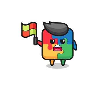 Çizgi hakimi olarak bulmaca karakteri bayrağı kaldırıyor, tişört, etiket, logo ögesi için şirin bir tasarım.