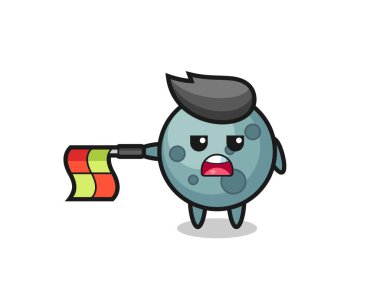 Çizgi yargıcı olarak asteroit karakteri bayrağı yatay tutun, tişört, etiket, logo ögesi için şirin bir tasarım yapın