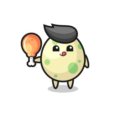 Benekli yumurta maskotu kızarmış tavuk yiyor. Tişört, çıkartma ve logo için şirin bir tasarım.