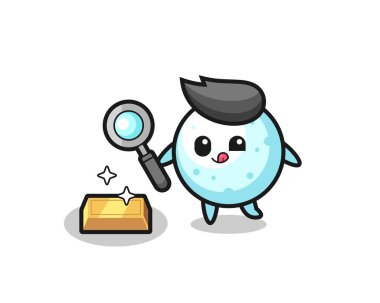 Kar topu karakteri altın külçesinin orijinalliğini kontrol ediyor, tişört, çıkartma, logo elementi için şirin bir tasarım.