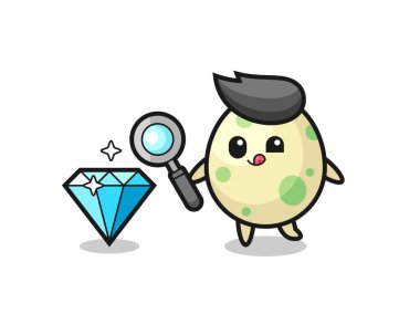 Benekli yumurta maskotu elmasın orijinalliğini kontrol ediyor. Tişört, çıkartma, logo elementi için şirin bir tasarım.