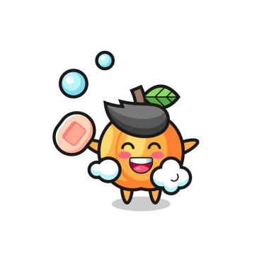 Kayısı karakteri elinde sabun tutarken banyo yapıyor. Tişört, çıkartma, logo elementi için şirin bir tasarım.