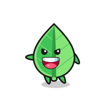 Çok heyecanlı pozlu yaprak karikatürü, tişört, etiket, logo elemanı için şirin bir tasarım.