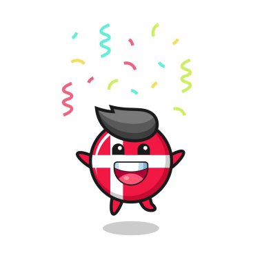 Mutlu Danimarka bayrağı maskotu renkli konfetilerle tebrik etmek için atlıyor tişört, çıkartma, logo elementi için şirin bir tasarım.