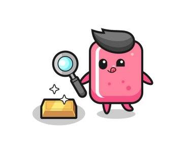 Balonlu sakız karakteri altın külçesinin orijinalliğini kontrol ediyor. Tişört, etiket, logo elementi için şirin bir tasarım.