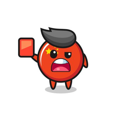 Hakem olarak Çin bayrağı rozeti şirin maskot kırmızı kart veriyor, tişört, çıkartma, logo elementi için şirin bir tasarım.