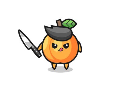 Şirin kayısı maskotu. Bıçak tutan bir psikopat. Tişört, çıkartma, logo elementi için şirin bir tasarım.