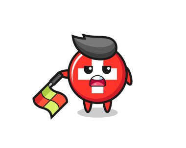 Satır yargıcı olarak İsviçre bayrağı karakteri bayrağı 45 derecelik açıyla tutun, tişört, etiket, logo ögesi için şirin bir tasarım yapın