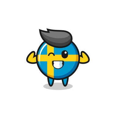 Kaslı İsveç bayrağı karakteri kaslarını gösteriyor. Tişört, çıkartma, logo elementi için şirin bir tasarım.