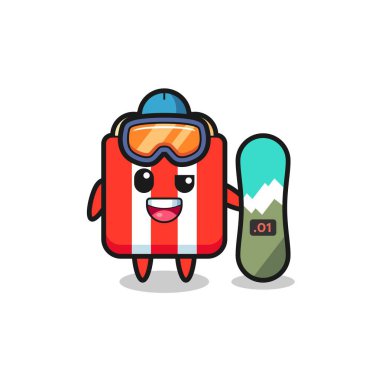 Snowboard stili patlamış mısır karakteri tasviri, tişört, çıkartma, logo elementi için şirin bir tasarım.