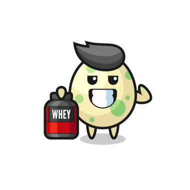 Kas benekli yumurta karakteri bir protein takviyesi tutuyor. Tişört, etiket, logo elementi için şirin bir tasarım.