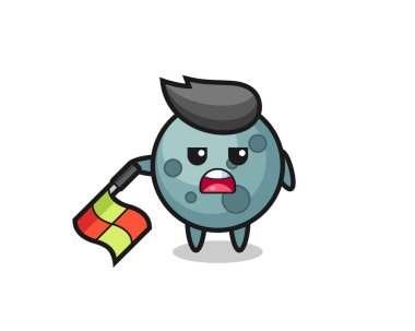 Çizgi yargıcı olarak asteroit karakteri bayrağı 45 derecelik açıyla tutun, tişört, etiket, logo elementi için şirin bir tasarım.