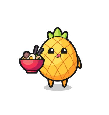 Erişte yiyen sevimli ananas karakteri, tişört, çıkartma, logo elementi için şirin bir tasarım.