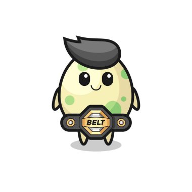 MMA dövüşçüsü kemerli yumurta maskotu, tişört, çıkartma ve logo elementleri için şirin bir tasarım.