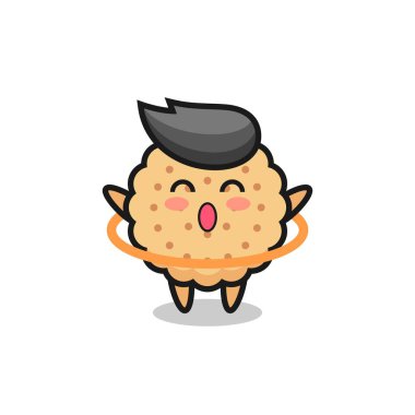 Şirin yuvarlak bisküvi çizgi filmi hula hoop oynuyor. Tişört, çıkartma, logo elementi için şirin bir tasarım.