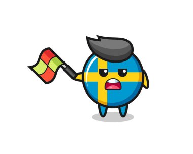 İsveç bayrağı karikatürü, çizgi hakimin bayrağı 45 derecelik açıyla kaldırması, tişört, çıkartma, logo unsuru için şirin bir tasarım.