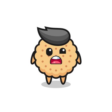 Şirin yuvarlak bisküvi maskotunun şok olmuş yüzü, tişört, çıkartma, logo elementi için şirin bir tasarım.