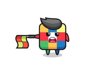 Hat yargıcı olarak rubik küp karakteri bayrağı yatay tutun, tişört, etiket, logo ögesi için şirin bir tasarım yapın