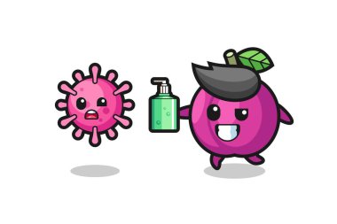 Erikli meyve karakterinin el dezenfektanı ile kötü virüsü kovalamasının resmi, tişört, çıkartma, logo elementi için şirin bir tasarım.