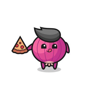 Pizza yiyen tatlı soğan karikatürü, tişört, etiket, logo elementi için şirin bir tasarım.