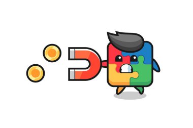 Yapbozun karakteri altın sikkeleri yakalamak için bir mıknatıs tutar, tişört, etiket, logo elementi için şirin bir tasarım.