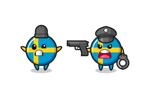 Illustration Sweden Flag Badge Robber Hands Pose Caught Police Cute — Stock Vector