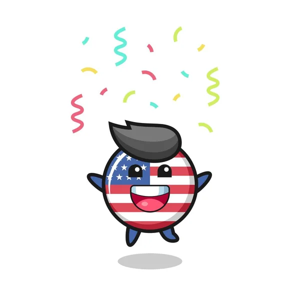 Feliz Estados Unidos Bandeira Crachá Mascote Pulando Para Parabéns Com — Vetor de Stock