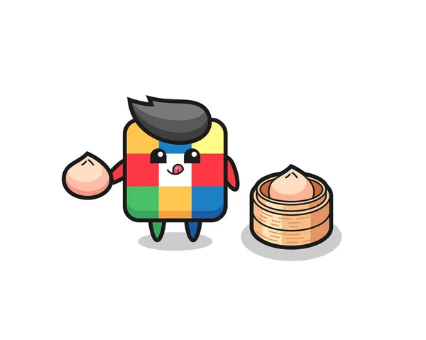 Cute Rubik Karakter Kubus Makan Roti Kukus Desain Gaya Lucu - Stok Vektor