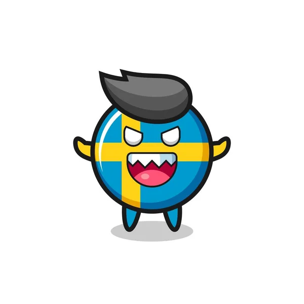 Ilustrace Zlého Maskota Odznakem Švédské Vlajky Roztomilý Styl Designu Trička — Stockový vektor