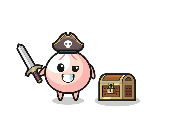 宝箱の横に刀を持った肉文海賊キャラクターTシャツやステッカーロゴ要素のかわいいデザイン — ストックベクタ