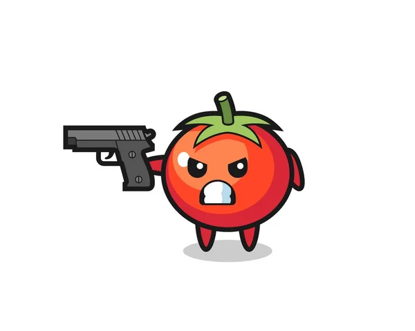 Personagem Bonito Tomates Atirar Com Uma Arma Design Estilo Bonito — Vetor de Stock