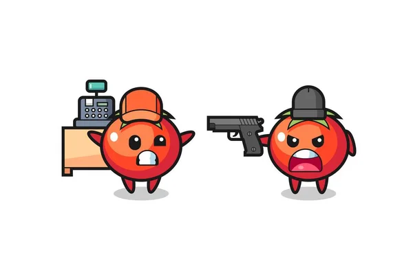 Ilustracja Cute Pomidory Jako Kasjer Jest Skierowany Pistolet Przez Rabusia — Wektor stockowy
