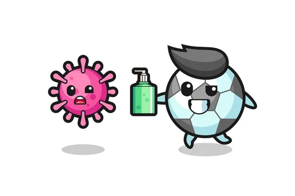 Illustration Football Character Chasing Evil Virus Hand Sanitizer Cute Style — Stock Vector