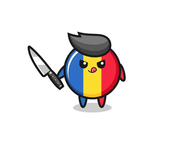 Cute Romania Flag Badge Mascot Psychopath Holding Knife Cute Style — Stock Vector