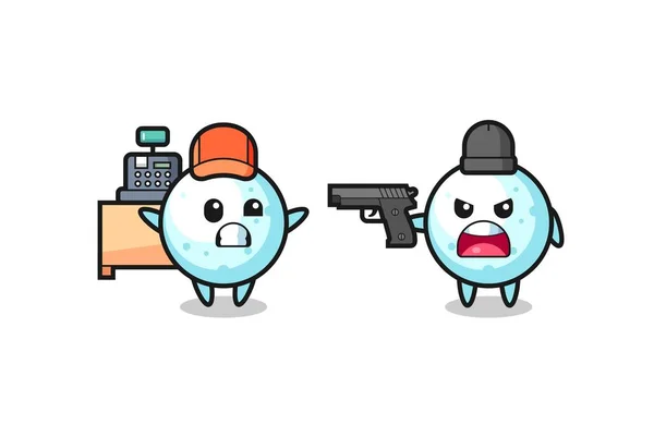 Illustration Den Söta Snö Bollen Som Kassör Riktad Pistol Rånare — Stock vektor