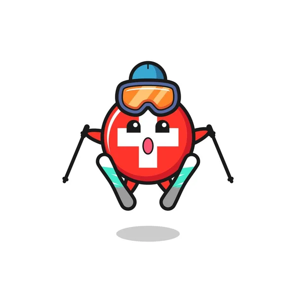 Switzerland Flag Badge Mascot Character Ski Player Cute Style Design - Stok Vektor
