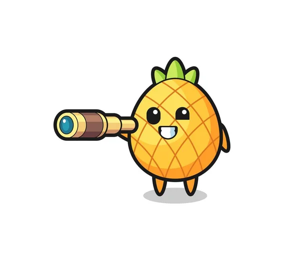 Şirin Ananas Karakteri Eski Bir Teleskop Tutuyor Tişört Çıkartma Logo — Stok Vektör