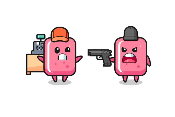 Illust Cute Bubble Chicle Cashier Pointed Gun Robber Cute Style — Vector de stock