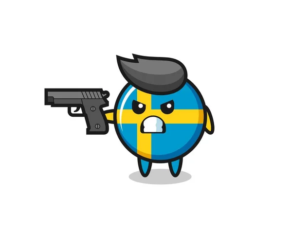 Gambar Karakter Cute Sweden Badge Dengan Pistol Desain Gaya Lucu - Stok Vektor