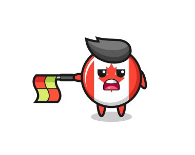 Kanada bayrak rozeti karakteri çizgi hakimi olarak bayrağı yatay tutun, tişört, etiket, logo elementi için şirin bir tasarım yapın