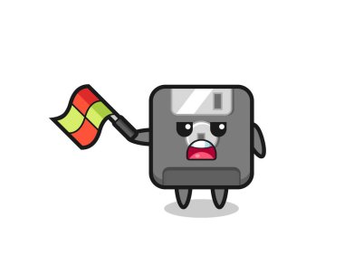 Disket karikatürü çizgi film hakimi olarak bayrağı 45 derecelik açıyla kaldırın, tişört, etiket, logo elemanı için şirin bir tasarım yapın