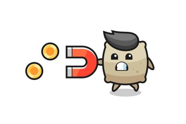 Çuval karakteri altın sikkeleri yakalamak için bir mıknatıs tutar, tişört, etiket, logo elementi için şirin bir tasarım