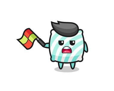 Yastık çizgi filminde çizgi film yargıcı bayrağı 45 derecelik açıyla kaldırır. Tişört, çıkartma, logo elementi için şirin bir tasarım.