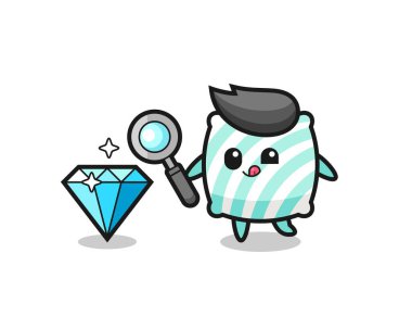 Yastık maskotu elmasın orijinalliğini kontrol ediyor. Tişört, çıkartma, logo elementi için şirin bir tasarım.