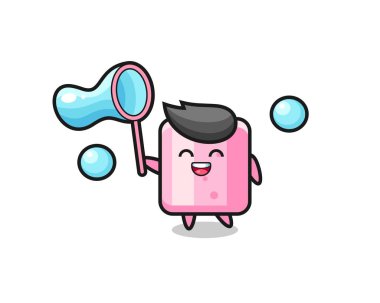 Mutlu Marshmallow çizgi filmi sabun köpüğü oynuyor. Tişört, çıkartma, logo elementi için şirin bir tasarım.