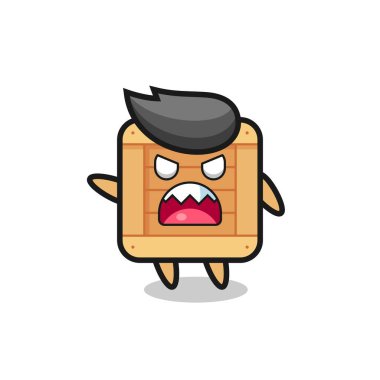 Sevimli tahta kutu karikatürü, çok kızgın bir poz, tişört, çıkartma, logo elementi için şirin bir tasarım.