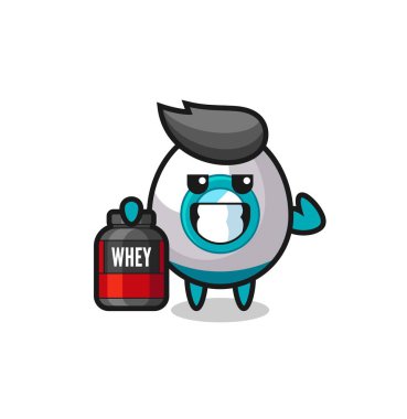 Kas roketi karakteri bir protein takviyesi tutuyor. Tişört, çıkartma, logo elementi için şirin bir tasarım.